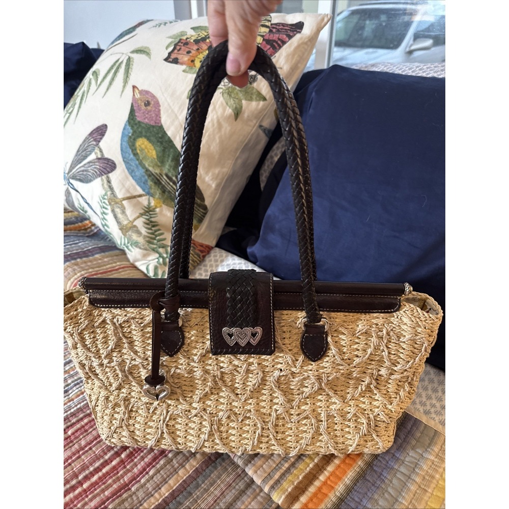 BRIGHTON Woven Straw Bag Tote Purse Handbag Leather Trim Double Straps Classy